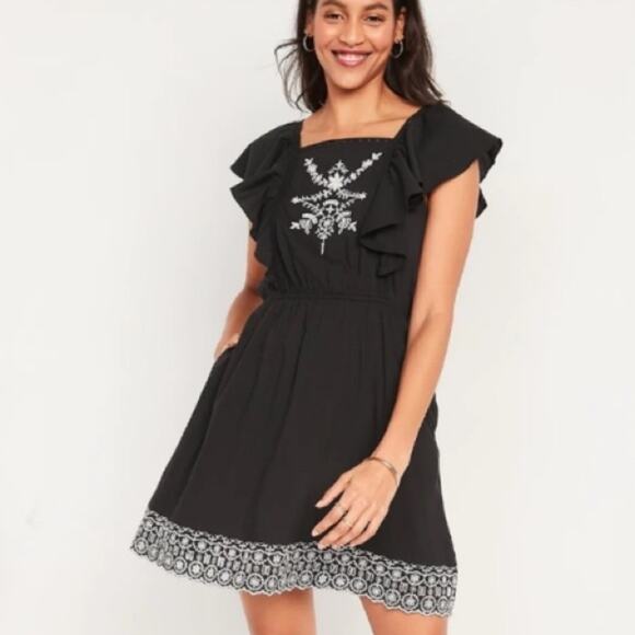 Old Navy black Embroidered Waist-Defined Flutter-Sleeve Tie-Back Mini Dress - Picture 8 of 12